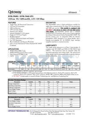 BTR-5840G datasheet - 1310 nm TX / 1490 nm RX , 3.3V / 155 Mbps