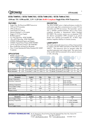 BTR-7600CMG datasheet - 1310 nm TX / 1550 nm RX , 3.3V / 1.25 Gb/s RoHS Compliant Single-Fiber MM Transceiver