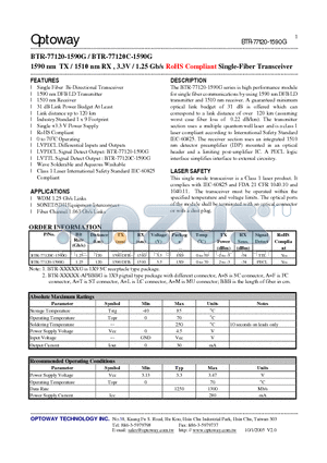 BTR-77120-1590G datasheet - 1590 nm TX / 1510 nm RX , 3.3V / 1.25 Gb/s RoHS Compliant Single-Fiber Transceiver