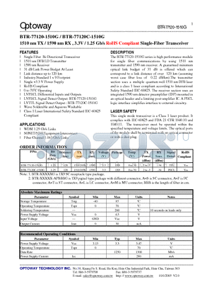 BTR-77120C-1510G datasheet - 1510 nm TX / 1590 nm RX , 3.3V / 1.25 Gb/s RoHS Compliant Single-Fiber Transceiver
