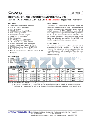 BTR-7720G datasheet - 1550 nm TX / 1310 nm RX , 3.3V / 1.25 Gb/s RoHS Compliant Single-Fiber Transceiver