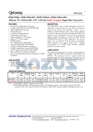 BTR-7920A-SPG datasheet - 1490 nm TX / 1310 nm RX , 3.3V / 1.25 Gb/s RoHS Compliant Single-Fiber Transceiver