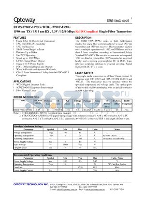 BTRL-7780C-1590G datasheet - 1590 nm TX / 1510 nm RX , 3.3V / 1250 Mbps RoHS Compliant Single-Fiber Transceiver