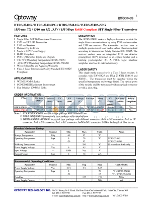BTRS-3740G datasheet - 1550 nm TX / 1310 nm RX , 3.3V / 155 Mbps RoHS Compliant SFF Single-Fiber Transceiver