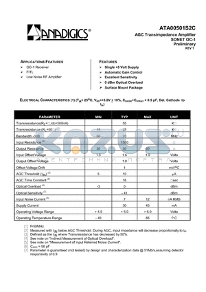 ATA00501S2C datasheet - AGC TRANSIMPEDANCE AMPLIFIER