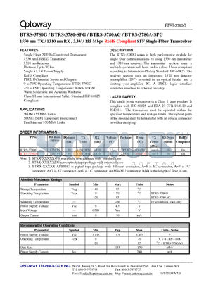 BTRS-3780A-SPG datasheet - 1550 nm TX / 1310 nm RX , 3.3V / 155 Mbps RoHS Compliant SFF Single-Fiber Transceiver