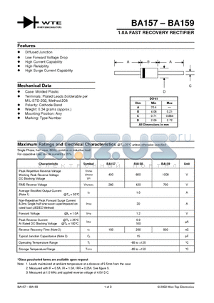 BA157 datasheet - 1.0A FAST RECOVERY RECTIFIER