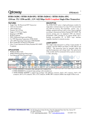 BTRS-5620AG datasheet - 1310 nm TX / 1550 nm RX , 3.3V / 622 Mbps RoHS Compliant Single-Fiber Transceiver