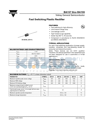 BA157 datasheet - Fast Switching Plastic Rectifier