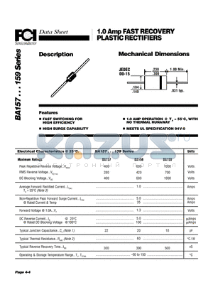 BA157 datasheet - 1.0 Amp FAST RECOVERY PLASTIC RECTIFIERS