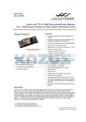 ATA010A0X3-SR datasheet - 8.3 - 14.0 Vdc Input; 0.75Vdc to 5.5Vdc Output; 10A output current