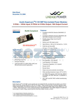 ATA016A0X3-SR datasheet - 8.3 - 14Vdc Input; 0.75Vdc to 5.5Vdc Output;16A output current