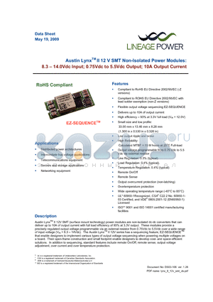 ATA010A0X43-SRZ datasheet - 8.3 - 14.0 Vdc Input; 0.75Vdc to 5.5Vdc Output; 10A output current
