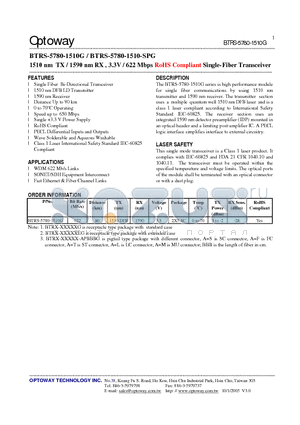 BTRS-5780-1510-SPG datasheet - 1510 nm TX / 1590 nm RX , 3.3V / 622 Mbps RoHS Compliant Single-Fiber Transceiver