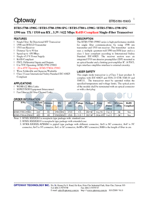 BTRS-5780-1590G_09 datasheet - 1590 nm TX / 1510 nm RX , 3.3V / 622 Mbps RoHS Compliant Single-Fiber Transceiver