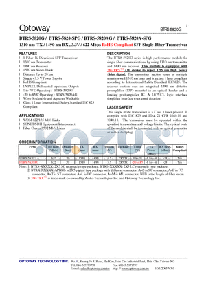 BTRS-5820A-SPG datasheet - 1310 nm TX / 1490 nm RX , 3.3V / 622 Mbps RoHS Compliant SFF Single-Fiber Transceiver