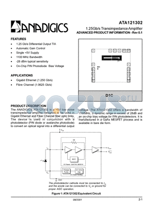 ATA121302 datasheet - 1.25Gb/s Transimpedance Amplifier