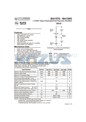 BA157G datasheet - 1.0 AMP. Glass Passivated Fast Recovery Rectifiers