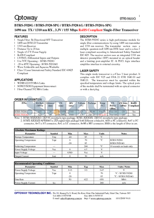 BTRS-5920-SPG datasheet - 1490 nm TX / 1310 nm RX , 3.3V / 155 Mbps RoHS Compliant Single-Fiber Transceiver