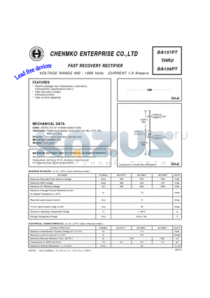 BA157PT datasheet - FAST RECOVERY RECTIFIER VOLTAGE RANGE 400 - 1000 Volts CURRENT 1.0 Ampere