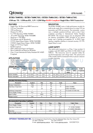 BTRS-7600MG datasheet - 1310 nm TX / 1550 nm RX , 3.3V / 1250 Mbps RoHS Compliant Single-Fiber MM Transceiver
