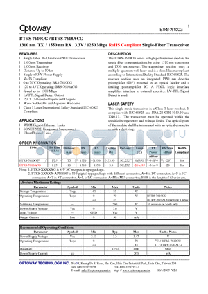 BTRS-7610ACG datasheet - 1310 nm TX / 1550 nm RX , 3.3V / 1250 Mbps RoHS Compliant Single-Fiber Transceiver
