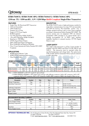 BTRS-7610C-SPG datasheet - 1310 nm TX / 1550 nm RX , 3.3V / 1250 Mbps RoHS Compliant Single-Fiber Transceiver