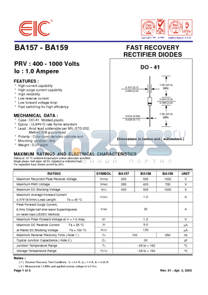 BA158 datasheet - FAST RECOVERY RECTIFIER DIODES