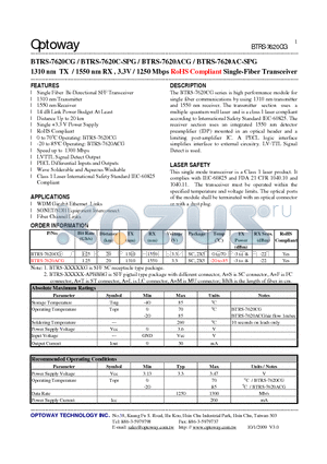 BTRS-7620CG datasheet - 1310 nm TX / 1550 nm RX , 3.3V / 1250 Mbps RoHS Compliant Single-Fiber Transceiver