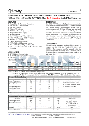 BTRS-7640ACG datasheet - 1310 nm TX / 1550 nm RX , 3.3V / 1250 Mbps RoHS Compliant Single-Fiber Transceiver