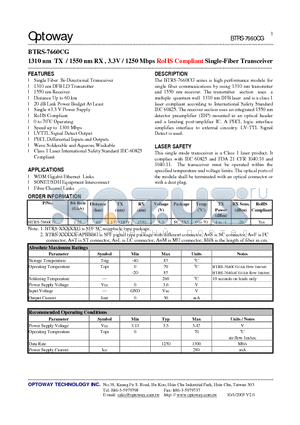 BTRS-7660CG datasheet - 1310 nm TX / 1550 nm RX , 3.3V / 1250 Mbps RoHS Compliant Single-Fiber Transceiver
