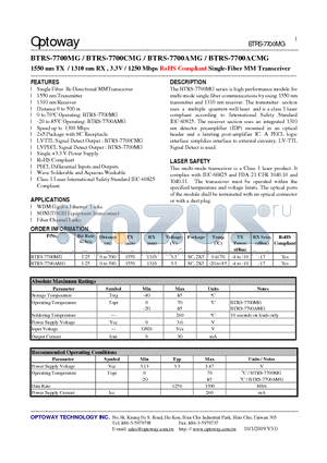 BTRS-7700MG datasheet - 1550 nm TX / 1310 nm RX , 3.3V / 1250 Mbps RoHS Compliant Single-FiberMM Transceiver