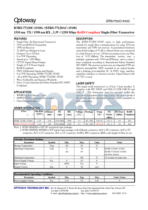 BTRS-77120AC-1510G datasheet - 1510 nm TX / 1590 nm RX , 3.3V / 1250 Mbps RoHS Compliant Single-Fiber Transceiver