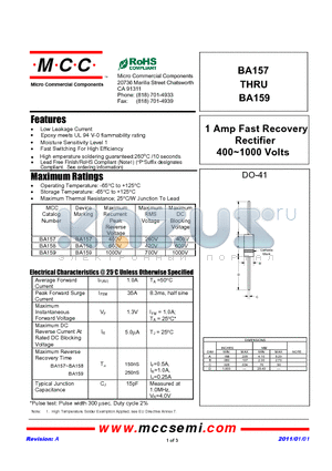 BA158 datasheet - 1 Amp Fast Recovery Rectifier 400~1000 Volts