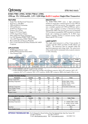 BTRS-7780AC-1590G datasheet - 1590 nm TX / 1510 nm RX , 3.3V / 1250 Mbps RoHS Compliant Single-Fiber Transceiver