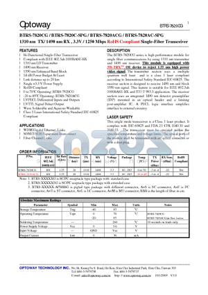 BTRS-7820AC-SPG datasheet - 1310 nm TX/ 1490 nm RX , 3.3V / 1250 Mbps RoHS Compliant Single-Fiber Transceiver
