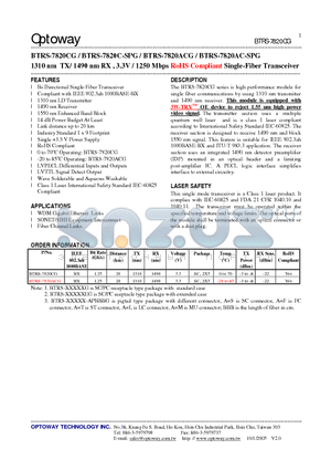 BTRS-7820C-SPG datasheet - 1310 nm TX/ 1490 nm RX , 3.3V / 1250 Mbps RoHS Compliant Single-Fiber Transceiver