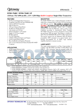 BTRS-7840C-SP datasheet - 1310 nm TX/ 1490 nm RX , 3.3V / 1250 Mbps RoHS Compliant Single-Fiber Transceiver