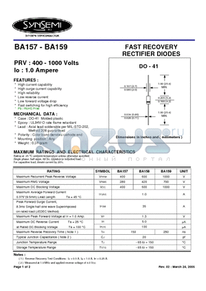 BA159 datasheet - FAST RECOVERY RECTIFIER DIODES