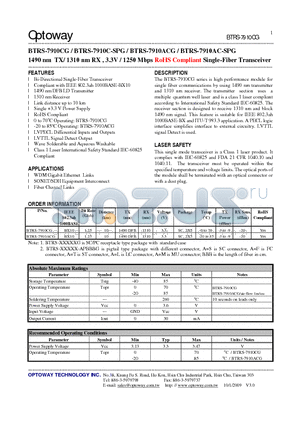 BTRS-7910CG datasheet - 1490 nm TX/ 1310 nm RX , 3.3V / 1250 Mbps RoHS Compliant Single-Fiber Transceiver