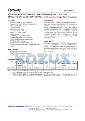 BTRS-79120ACG datasheet - 1490 nm TX/ 1310 nm RX , 3.3V / 1250 Mbps RoHS Compliant Single-Fiber Transceiver