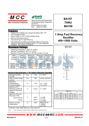 BA159 datasheet - 1 Amp Fast Recovery Rectifier 400~1000 Volts