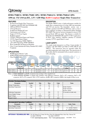 BTRS-7940CG_09 datasheet - 1490 nm TX/ 1310 nm RX , 3.3V / 1250 Mbps RoHS Compliant Single-Fiber Transceiver