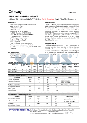 BTRS-9600AMG datasheet - 1310 nm TX / 1550 nm RX , 3.3V / 1.5 Gbps RoHS Compliant Single-Fiber MM Transceiver