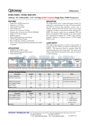 BTRS-9605-SPG datasheet - 1310 nm TX / 1550 nm RX , 3.3V / 2.5 Gbps RoHS Compliant Single-Fiber WDM Transceiver