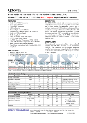 BTRS-9605-SPG datasheet - 1310 nm TX / 1550 nm RX , 3.3V / 2.5 Gbps RoHS Compliant Single-FiberWDM Transceiver