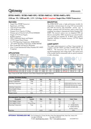 BTRS-9605A-SPG datasheet - 1310 nm TX / 1550 nm RX , 3.3V / 2.5 Gbps RoHS Compliant Single-FiberWDM Transceiver