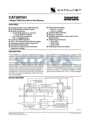 CAT28F001N-70BT datasheet - 1 Megabit CMOS Boot Block Flash Memory