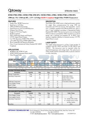 BTRS-9780-1590-SPG datasheet - 1590 nm TX / 1510 nm RX , 3.3V / 2.5 Gbps RoHS Compliant Single-FiberWDM Transceiver