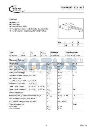 BTS113A datasheet - TEMPFET(N-channel Logic level Enhancement mode Temperature sensor with thyristor characteristic)